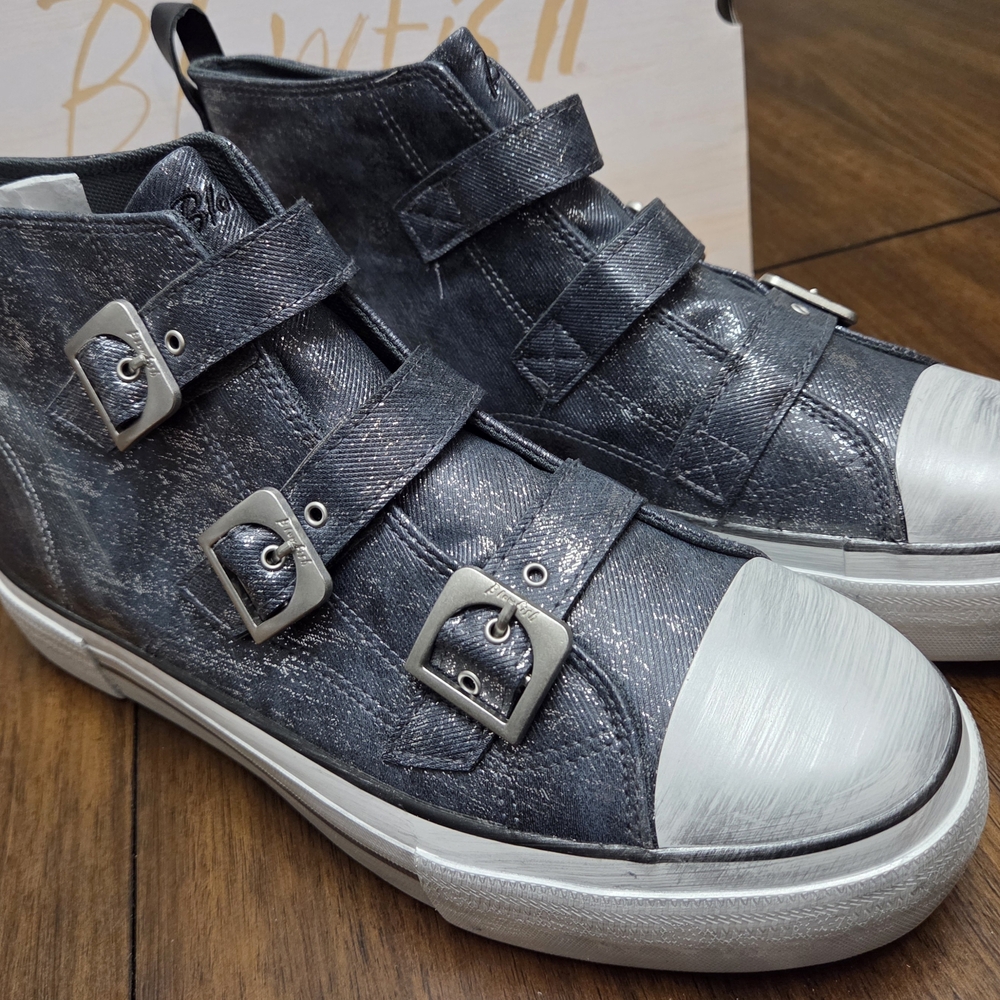 Metallic Charcoal High-Top Buckle Sneakers - Women's